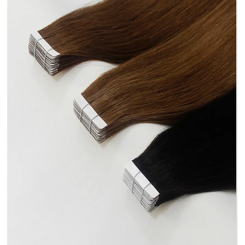 MANKA Tape Hair Extensions 20pcs Black Brown Skin Weft Human Hair Machine Made Remy Adhesive Seamless Hair