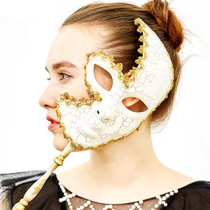 PoeticExist Women Half Face White Color Plastic Wedding Party Masquerade Mask on a Stick