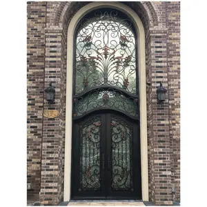 Dekorasi Vila Amerika antik lengkungan atas depan Masuk ganda besi tempa Arched Storm keamanan pintu