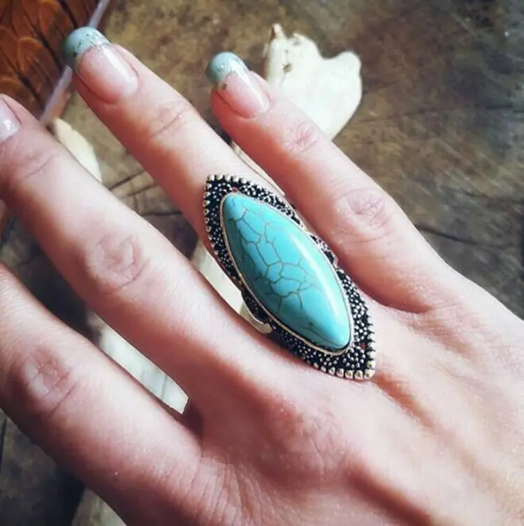 Bohemian vintage silber überzogene runde türkis edelstein finger ring schmuck
