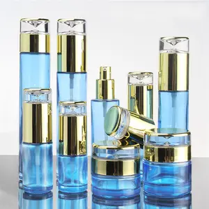Lege Blauwe Glazen Fles Gold Cap Spray Fles Cosmetische Zalfpotje Hervulbare Flessen Emulsie Lotion Pomp Flesjes 30/50G 20Ml-120Ml