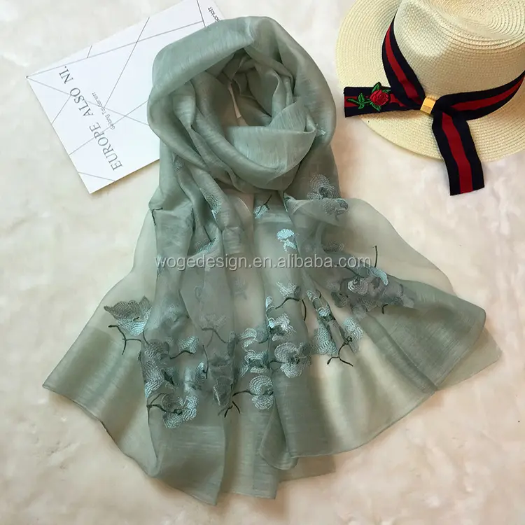 Hoge kwaliteit China fabrikant modish nieuwe ladys 'hijab sjaals tie dye kleur geborduurd groothandel bloemen wol zijden sjaals