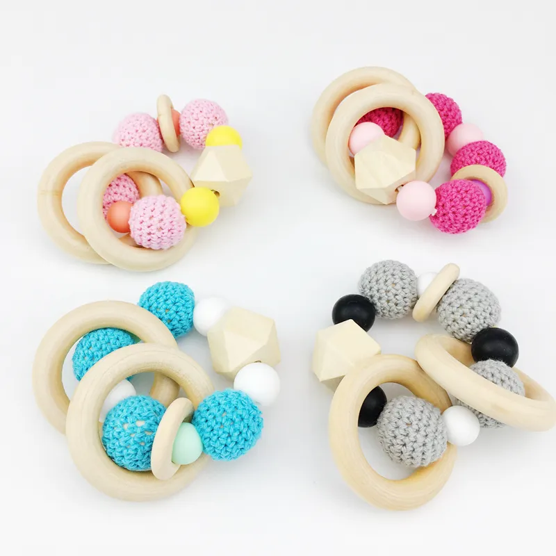 Organic Wooden Silicone Baby Nibble Toy Baby Teething Bracelet Toy Crochet Teething Bracelet