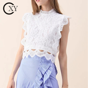 Custom Women Blouse New Fashion High Neck Sleeveless Crochet Lace Top White