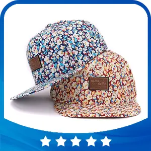 Zomer stijl bloemen stof Snap Back pu lederen label patch strand stijl platte baseball cap hiphop hoed voor mannen en vrouwen