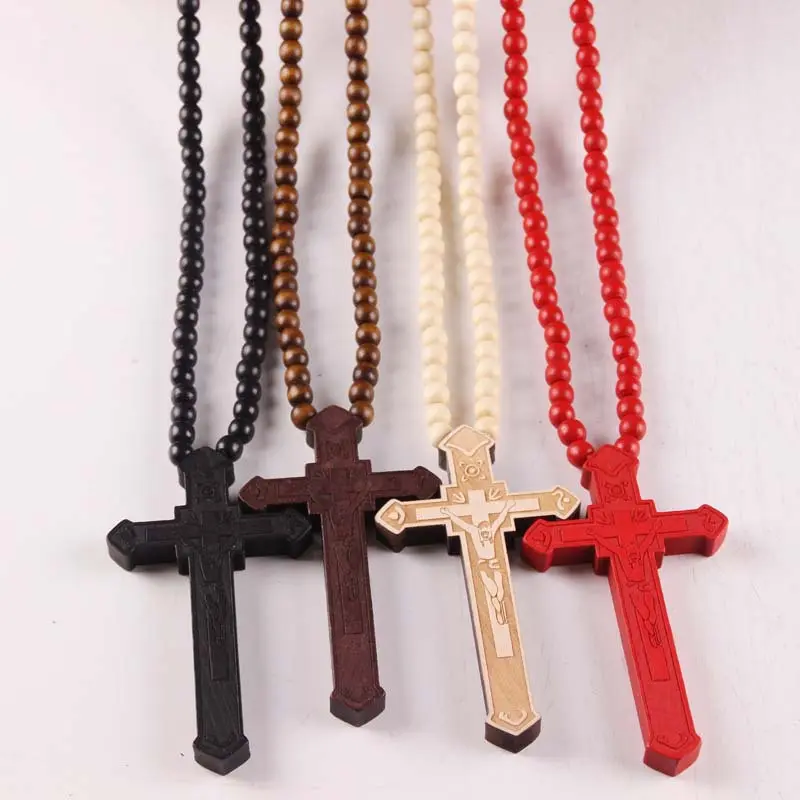 Grande católico de madeira jesus cruz, com talão de madeira esculpido, rosário, pingente longo collier, declaração, joia dos homens