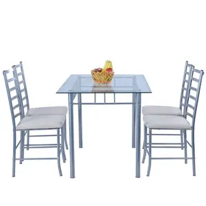 Dining Table Set with 4 Chairs Dining Room Furniture Home Furniture Square Glass Modern Steel Tube Square Shape 1set/2 Ctns