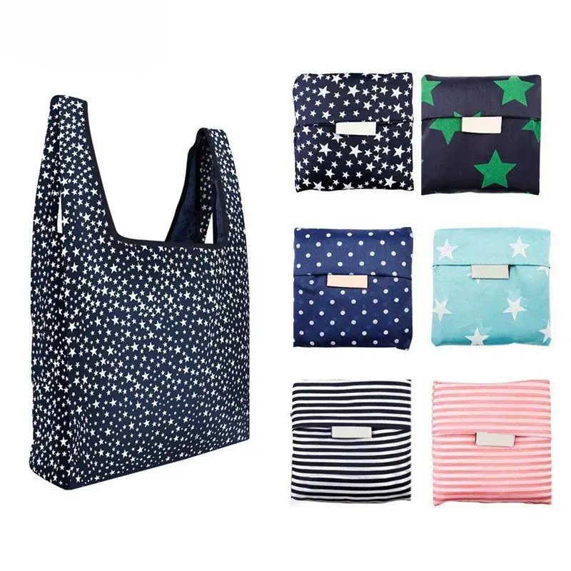 Custom Eco-friendly reusable 190T Nylon Polyester Folding Foldable Travel tote bags With Pouch