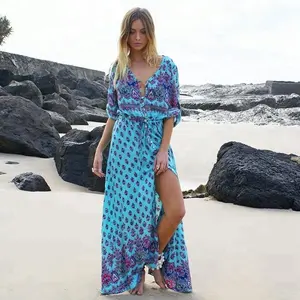 2018 nuevo estilo Maxi vestidos largos sexy casual V profundo cuello de manga corta de playa vestidos