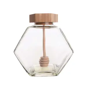 Hot販売500グラムHexagonal Glass Honey Jam Jars With Wooden Bamboo Lid And木製北斗七星