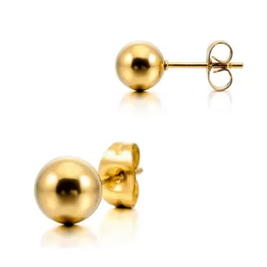 Fashion High Polished Gold Plated Round Ball Bead Stainless Steel Stud Earring