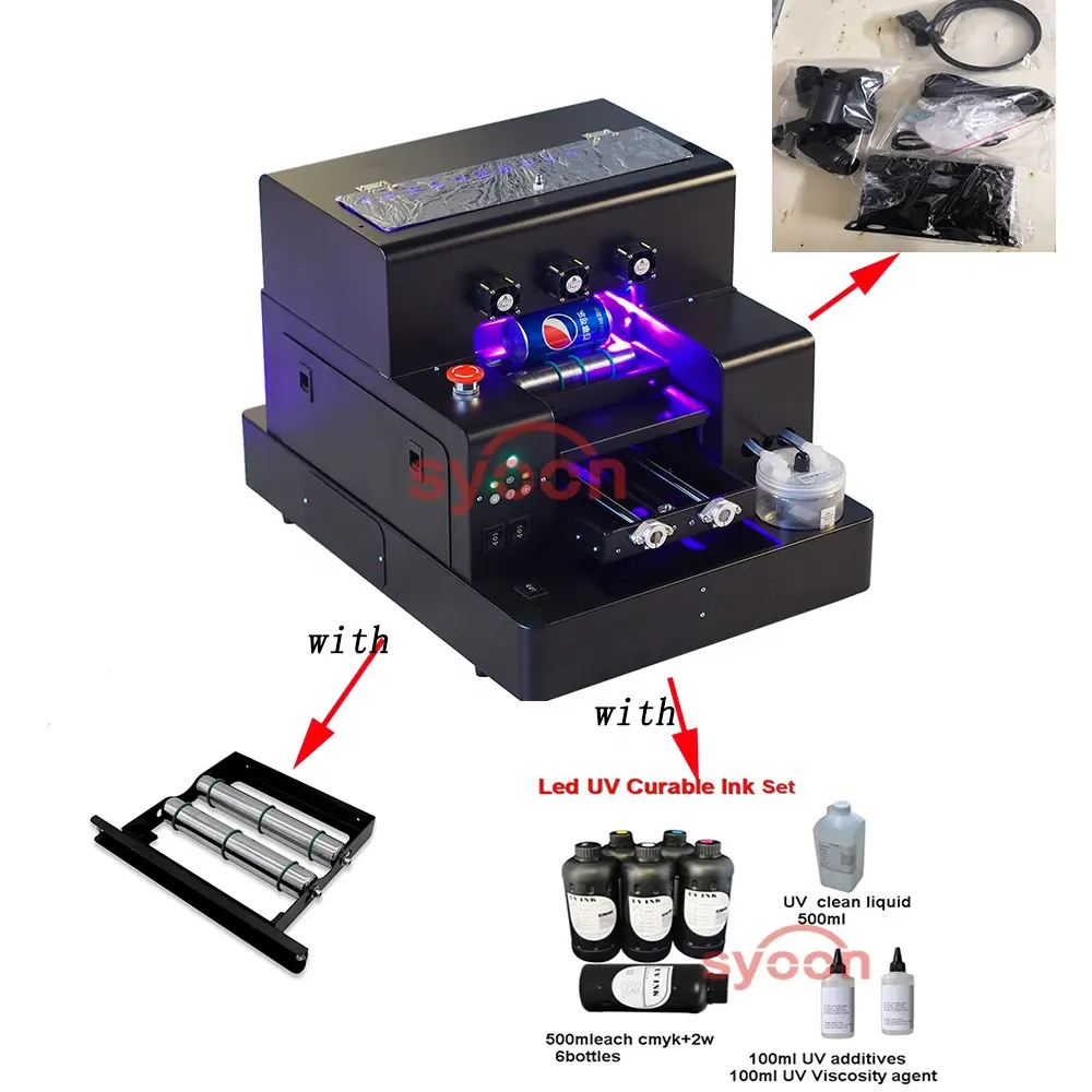 2019new automatic a4 uv led bottle flatbed printer with related UV led curable ink set with bottle holder