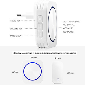 Waterproof No Battery Self Powered  Wireless DoorBell Night Light  EU/US /UK  Plug Home Cordless  1 Button 1ReceiverDoor Bell