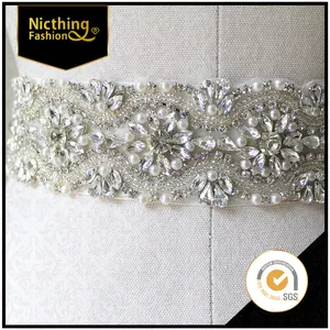 Baile de noiva, alta qualidade 2015 bordado de noiva de cristal pérola com renda, strass, vestido de casamento, sash nrt034