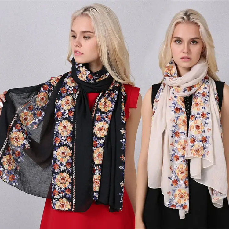 Hot Sale Ladies Oversize Plaid Khadi Flower Pattern Polyester Cotton Embroidered Scarf