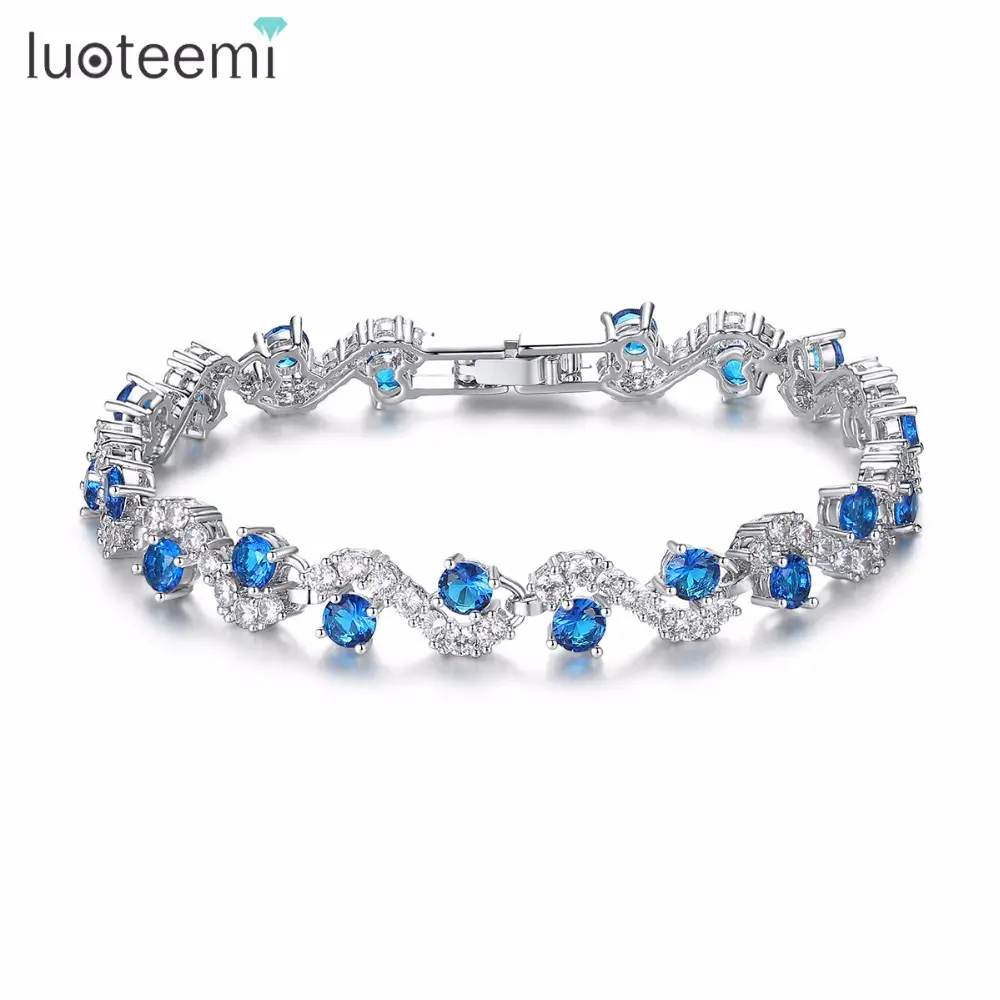 LUOTEEMI Charm Fancy Geometric Round Shape Blue CZ Crystal Bracelets With Clear Squared Shape Crystal Stone For Women Party Gift