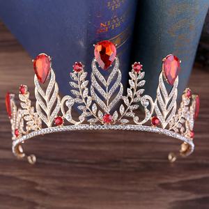 Groothandel Kleurrijke Ruby Princess Haar Accessoires Vintage Gold Ronde Crystal Tiara Barokke Tiara Wedding Rhinestone Crown