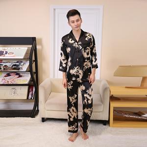 Nuovo progettista di stile del drago stampato a maniche lunghe <span class=keywords><strong>uomo</strong></span> indumenti da notte in raso button down pajamas set - Product Image 5