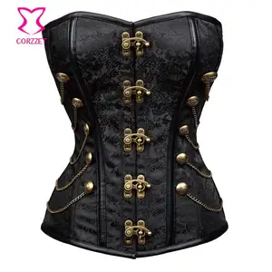 Corzzet Großhandel Schwarz Stahl Ohne Knochen Steampunk Brust Korsett Taille Abnehmen Plus Größe Korsett Für frauen Cosplay Outfits