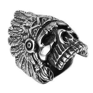 Joyería de moda Biker Punk de los hombres de acero inoxidable indio anillo de calavera