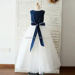 Navy Blue Taffeta Ivoor Tulle Wedding Party Bloem Meisje Jurk Met Parels Kinderen Verjaardag Jurk Baljurk Couture Kid Jurk