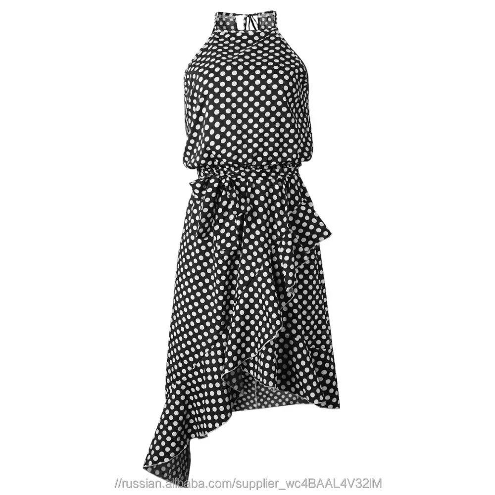 Новый 2019 V образным вырезом Половина рукава рюшами шифон Винтаж волна точка качели в горошек платье для женщин