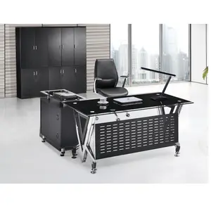 Muebles de oficina para escritorio, escritorio de ordenador Ejecutivo en forma de L, de vidrio templado negro con forma especial, superventas