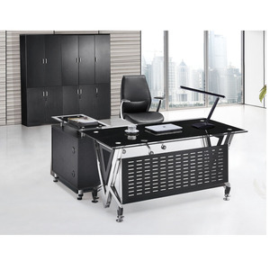 Bureau Design Rectangulaire En Verre Trempé Noir - 120x55 Cm, 3 Tiroirs