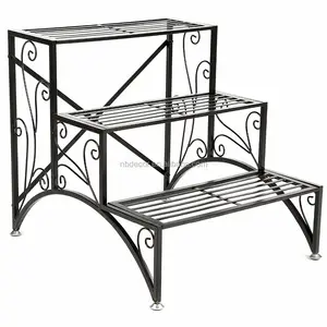 Fábrica Diretamente 3 Tier Rack Plantador, Passo Estilo Dobrável Prateleira Vaso Stand, Preto