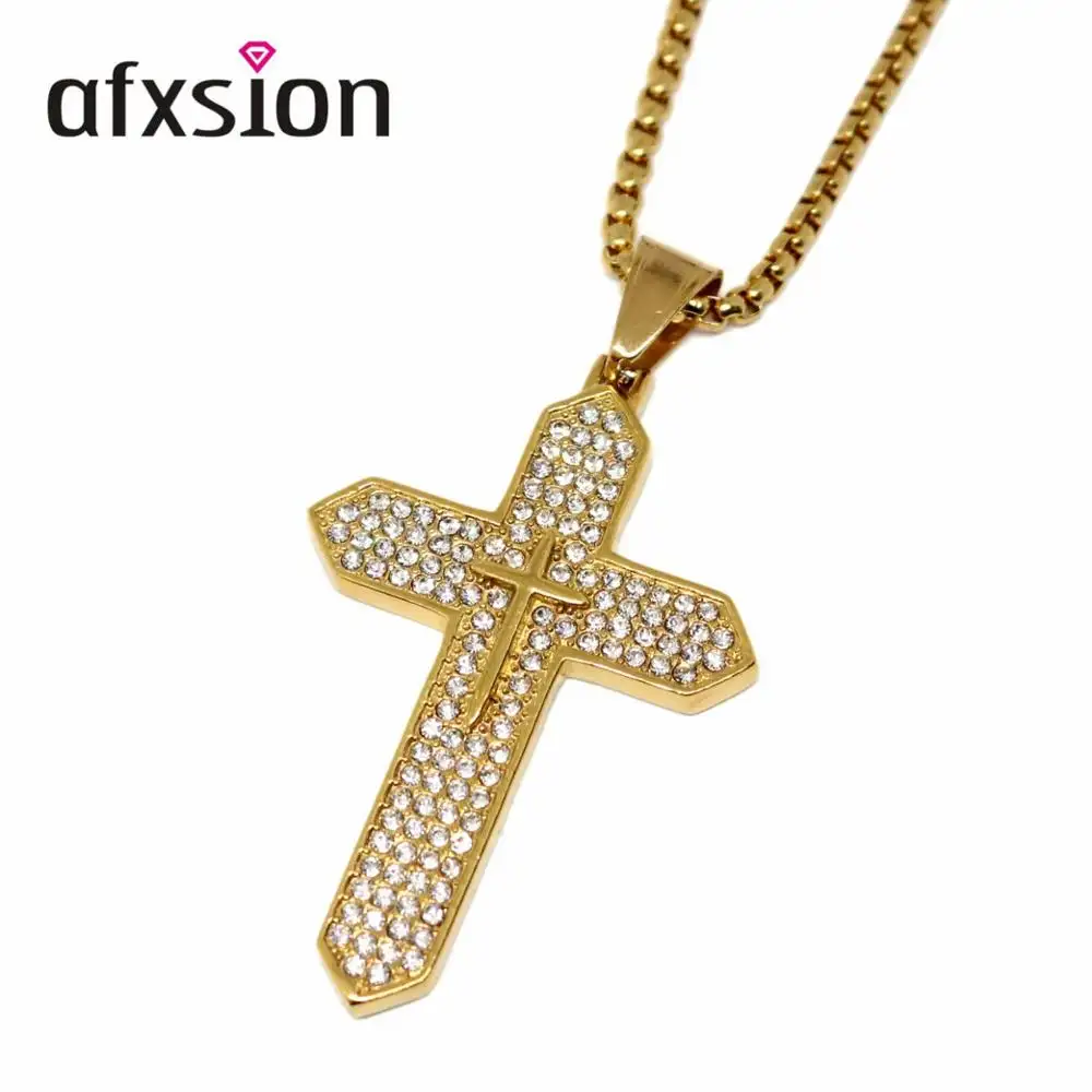 American hot gold plated full diamond 316 stainless steel cross pendant necklace wholesale for men
