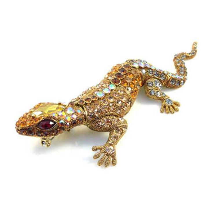 Elegant Gold Tone Crystal Lizard Brooch Animal Design Lapel Pin
