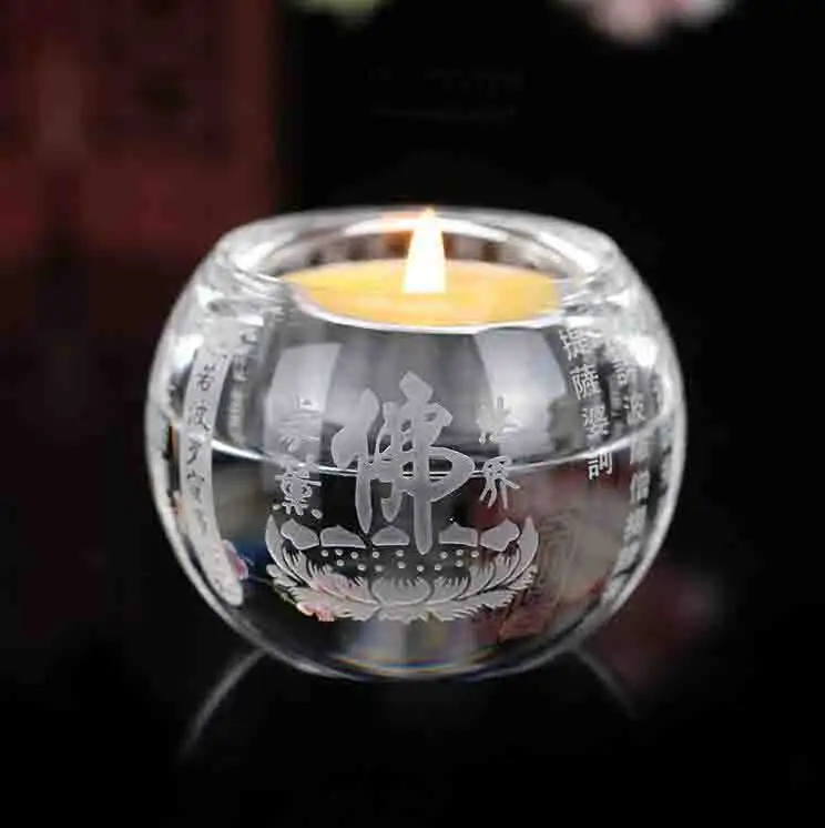 Vela de vidro de cristal de vela, religiosa, antiguidade, vidro de cristal personalizado, gravado, prata para decoração de casa do templo budista