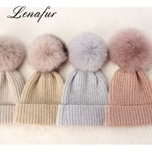 Winter wool hats with leather Fox pompom balls cashmere blends made North hats - Product Image 1
