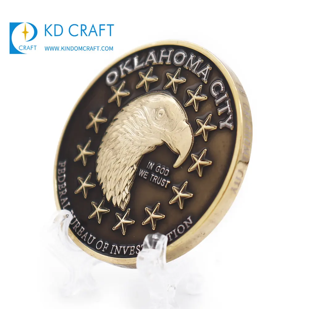 Design unico custom made in metallo in ottone timbrato in rilievo 3d logo oklahoma city souvenir moneta