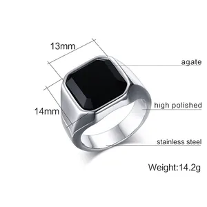 Vente en Gros de Bagues en Acier Inoxydable Bague en Agate Noire Couleur Acier Bague pour Hommes Bijoux