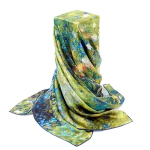 Promotion blank habotai Unique hand-painted oil painting Style digital print customer logo silk scarf 130*130