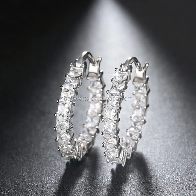 Luxury 925 Sterling Silver Princess Cut Clear Zircon CZ Eternity Hoop Earrings For Women Party Jewelry
