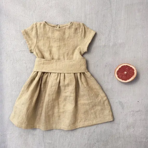 Hot Selling Ruffled Spring 100% Linen Girls Dress with belt