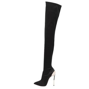 Signore di modo Calzature Raso Alti Stiletto Stretch Stivali Scarpe Da <span class=keywords><strong>Donna</strong></span> In Metallo Punta a punta Stivali Tacco Alto Sopra Il Ginocchio OEM - Product Image 3