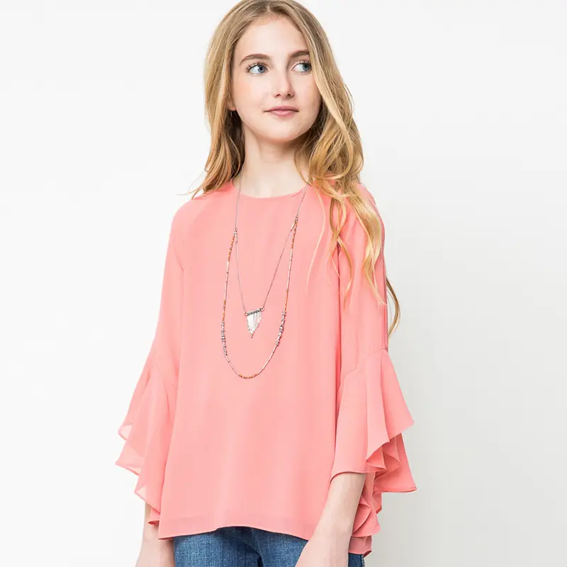 Boutique Gadis Pakaian anak-anak Desainer Kembali Desain Leher Frill Lengan Chiffon Blouse