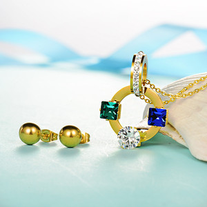 Collar y aretes joyeria en acero quirurgico con cristal azul y verde para mujer - Product Image 6
