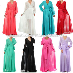 v cuello y cintura las mujeres abrigo de gasa escarpada vestido de manga larga hippie vintage tamaño más vestido de noche maxi - Product Image 1
