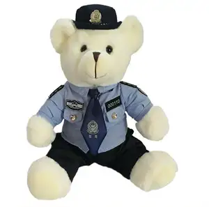 Boneca de urso de pelúcia macia, boneca de pelúcia com uniforme de polícia