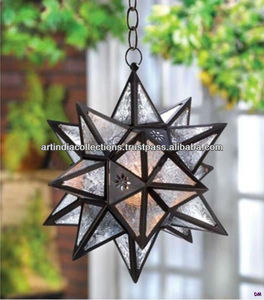 Linterna en forma de estrella hecha de hierro de alta calidad y estrella colgante de vidrio para decoración del hogar - Product Image 1