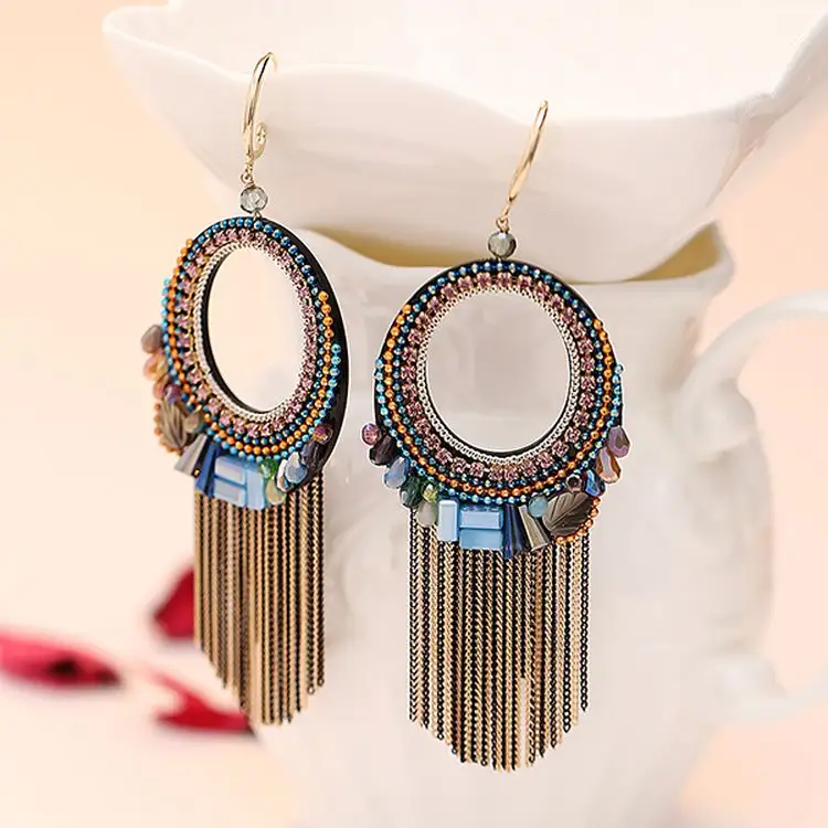 Boho beads braided tassel round hoop earrings hollow out earring Bohemian dangle Ethnic fashion earring