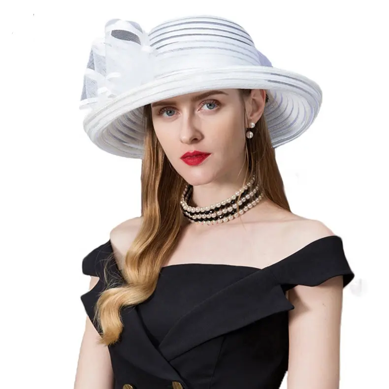 Yaz 2018 Kadın Zarif Kilise Fedoras Ilmek Bayanlar şapka Feutre Beyaz Geniş Kenarlı kentucky Derby Şapkalar