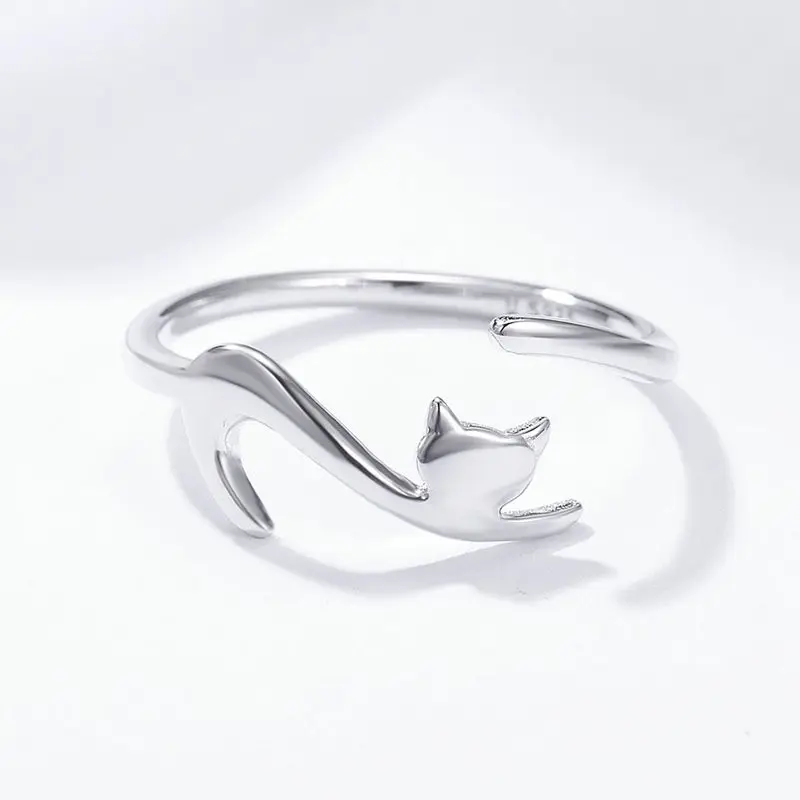 Adjustable Sticky Cat with Long Tail 100% 925 Sterling Silver Women Ring