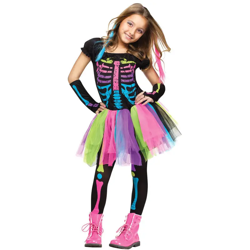 Déguisement halloween pour filles, robe fantaisie en forme de squelette, costume cosplay