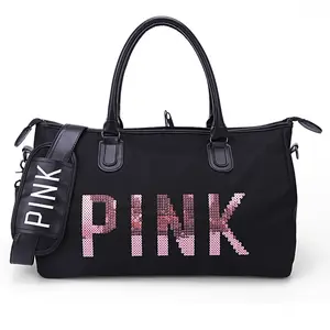 Bolsa grande impermeable para mujer vs rosa para gimnasio, bolsa de viaje con letras de lentejuelas