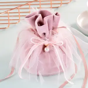 Velvet Wedding Candy Bag With Yarn Gift Bags Round Drawstring Jewelry Pouch